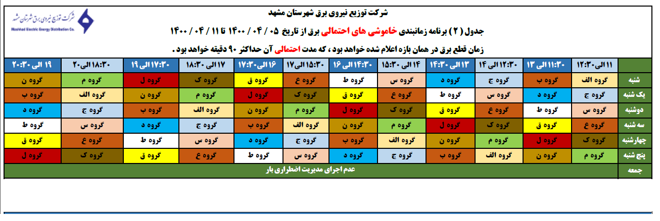برنامه احتمالی زمانبندی هفتگی قطع برق شرکت نیروی برق کلانشهر مشهد